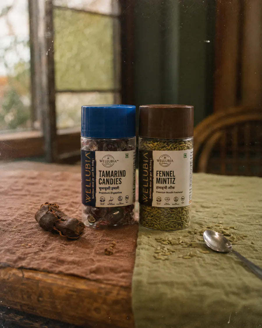 Wellubia Tamarind Candies and Fennel Mintiz mukhwas bottles together