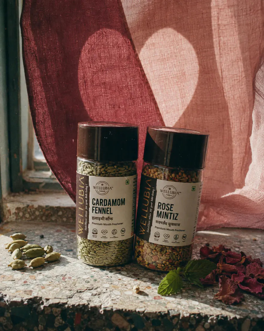 Wellubia Cardamom Fennel and Rose Mintiz mukhwas bottles side by side