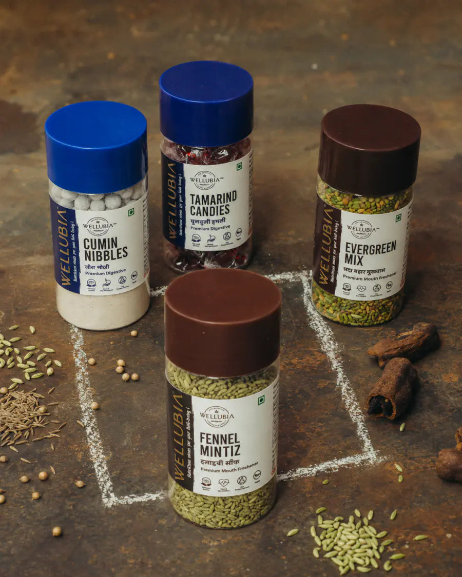 Wellubia Cumin Nibbles, Tamarind Candies, Evergreen Mix and Fennel Mintiz mukhwas bottles