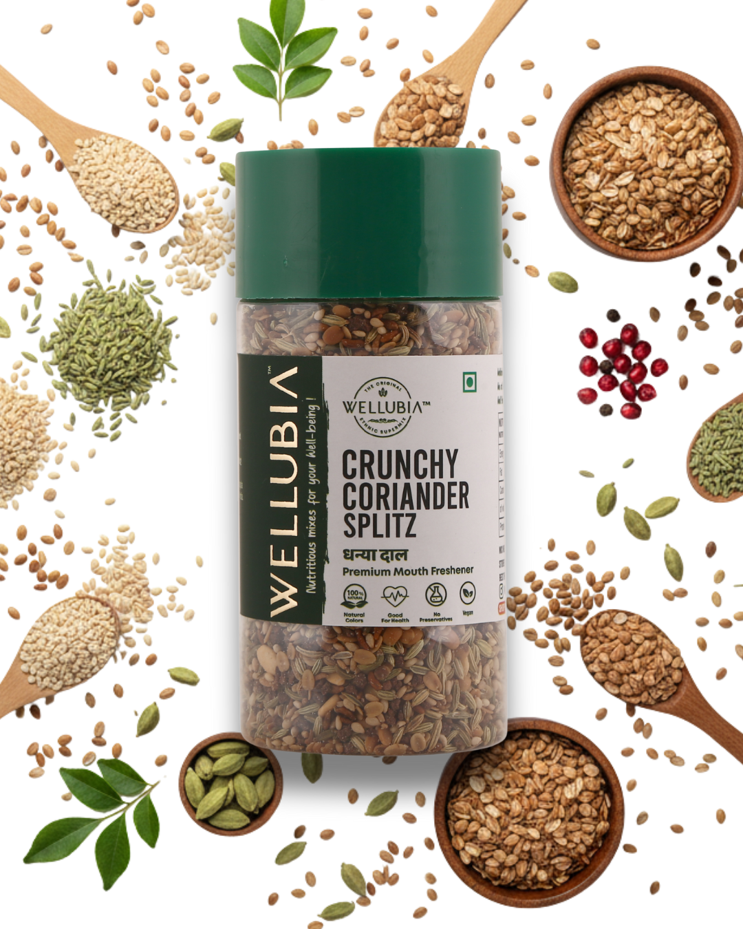 Wellubia Crunchy Coriander Splitz, bottle with ingredients