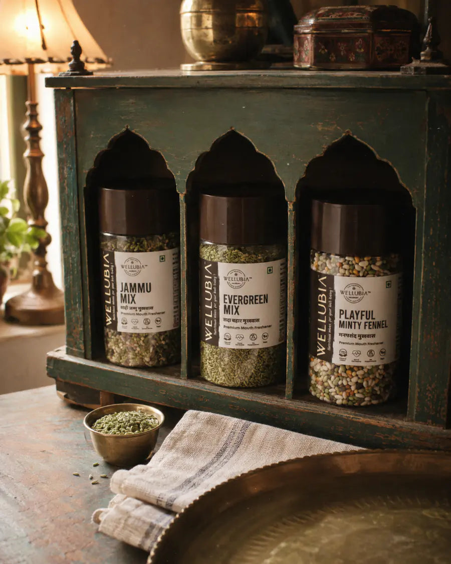 Wellubia Jammu Mix, Evergreen Mix and Playful Minty Fennel mukhwas bottles