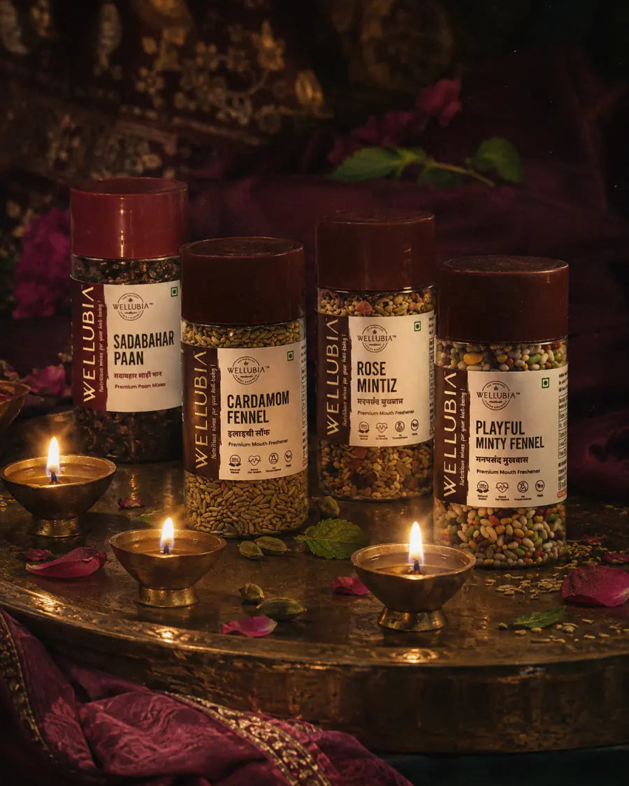 Wellubia Sadabahar Paan, Cardamom Fennel, Rose Mintiz and Playful Minty Fennel mukhwas bottles