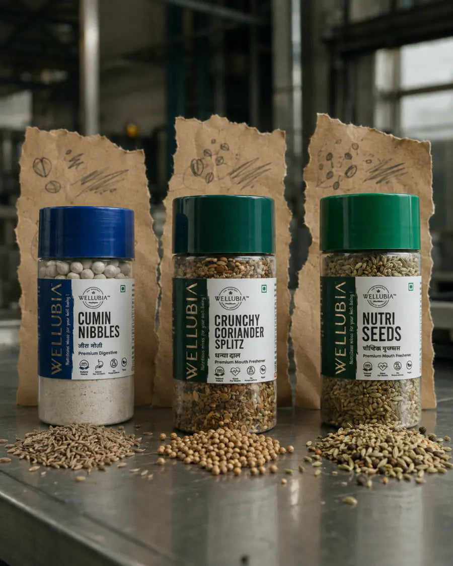 Wellubia Cumin Nibbles, Crunchy Coriander Splitz and Nutri Seeds bottles