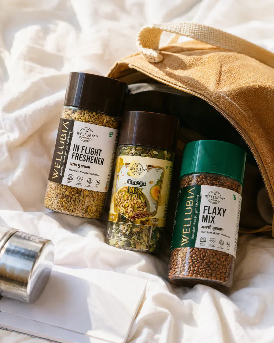 Wellubia IN Flight Freshener, Omega Mix and Flax Seed Mukhwas bottles