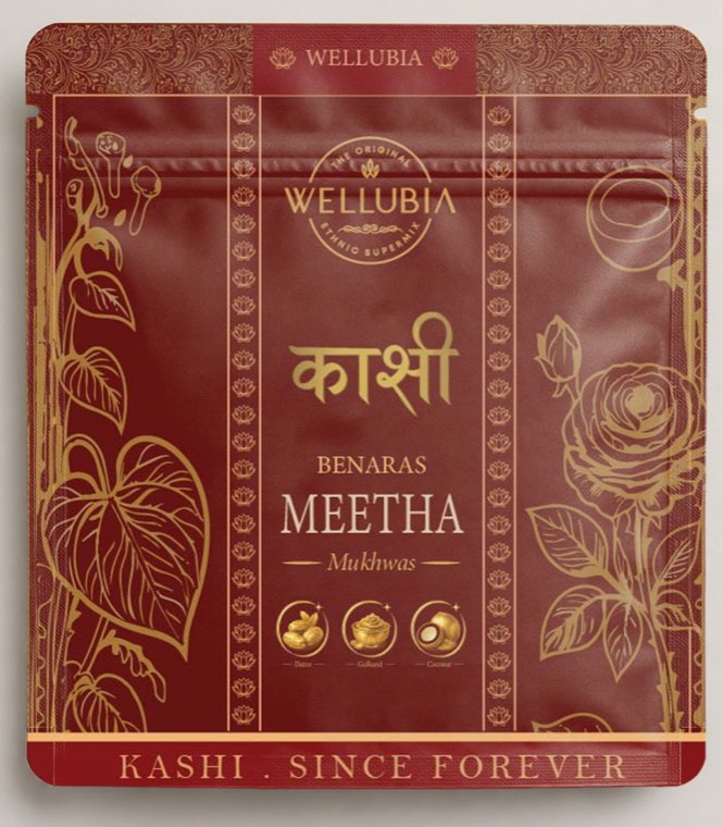 Benaras Meetha pack, deep red with gold paan leaf and rose artwork