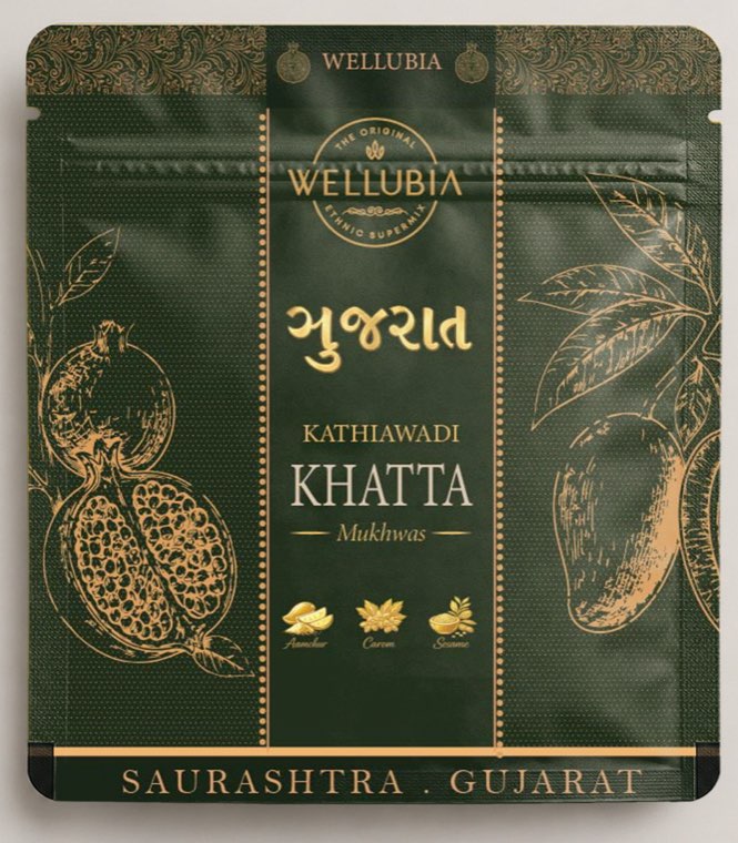 Kathiawadi Khatta pack, deep green with gold pomegranate and mango artwork