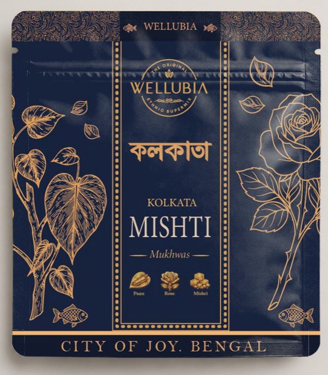 Kolkata Mishti pack, deep navy with gold paan vine and rose artwork