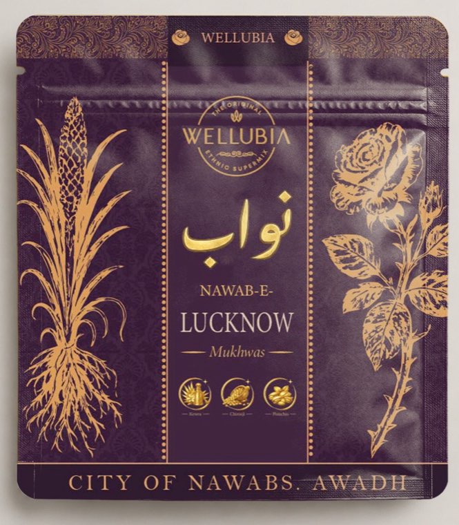 Nawab-e-Lucknow pack, deep purple with gold kewra and rose artwork