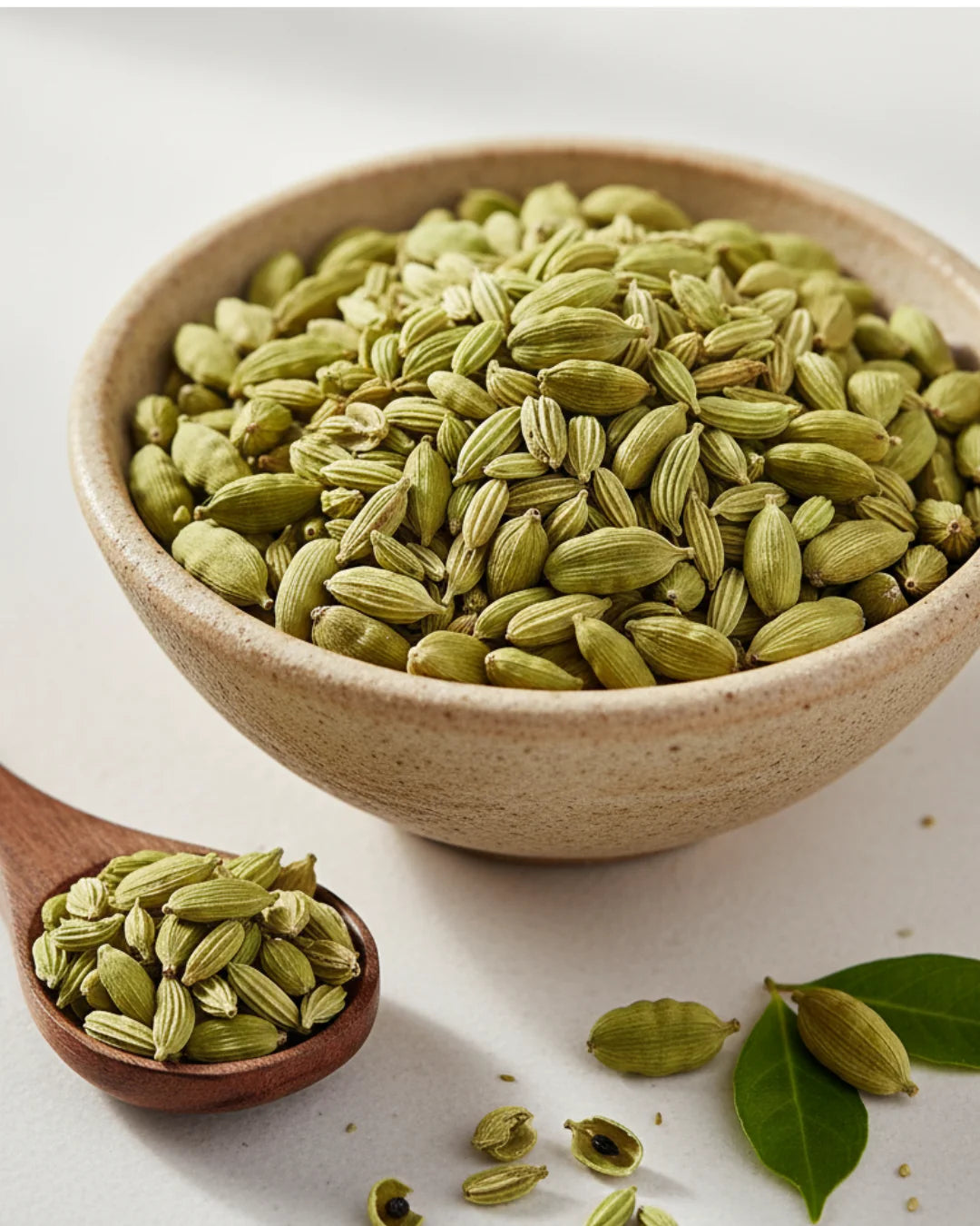 Whole green cardamom pods in a stoneware bowl and a wooden spoon, raw ingredient before a blend is developed