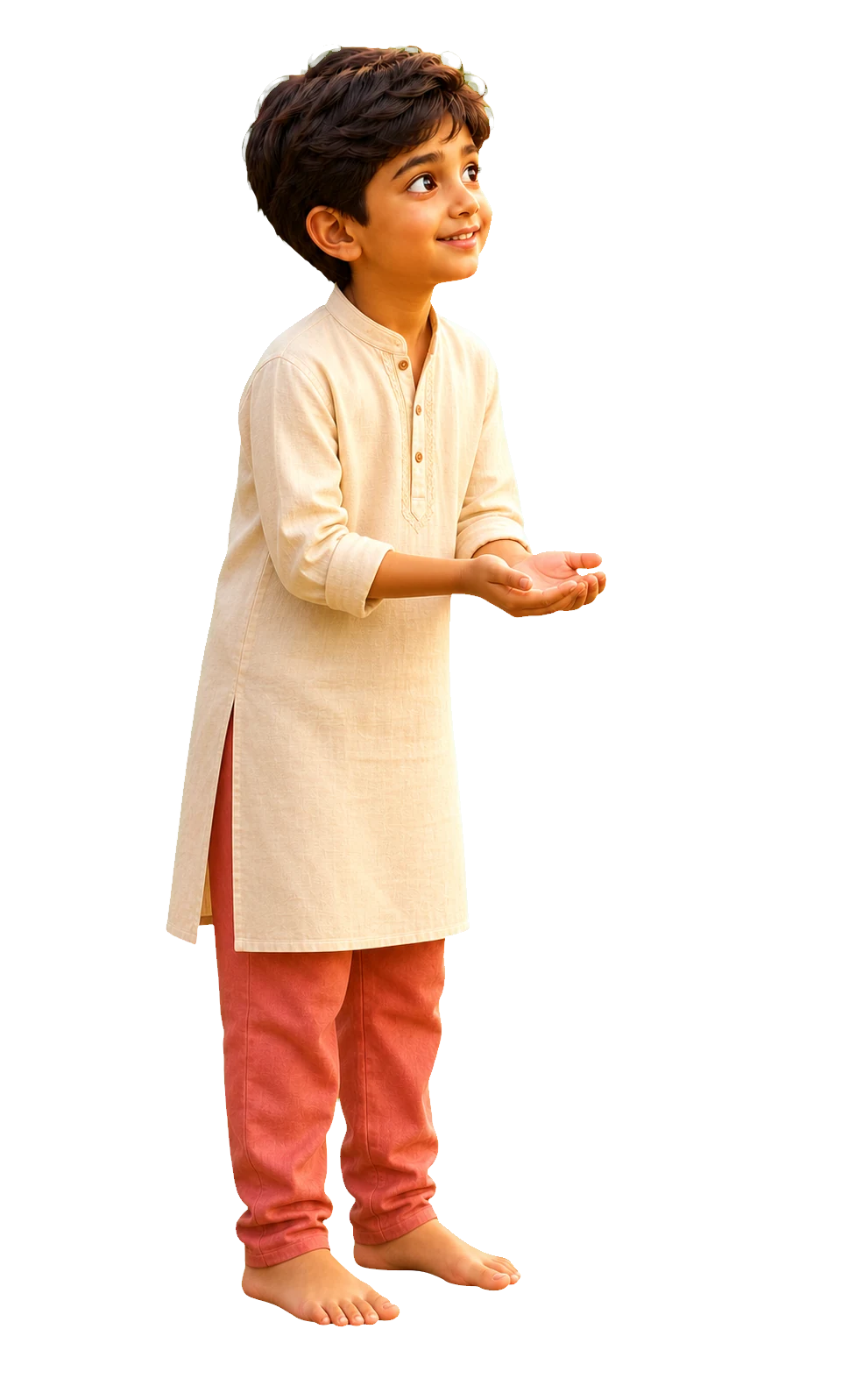 A child standing beside his grandmother with his hands held out