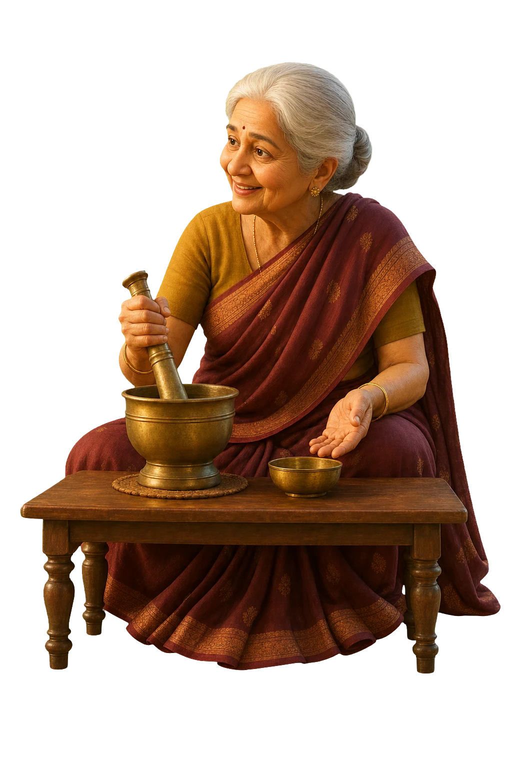 A grandmother mixing ingredients in a brass mortar and pestle